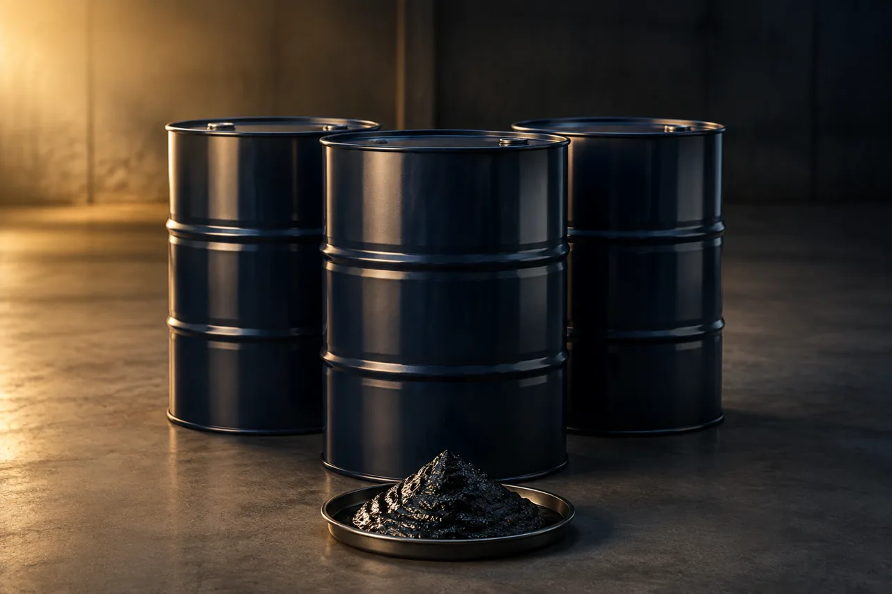 Illustrative sealed bitumen drums and a bitumen sample