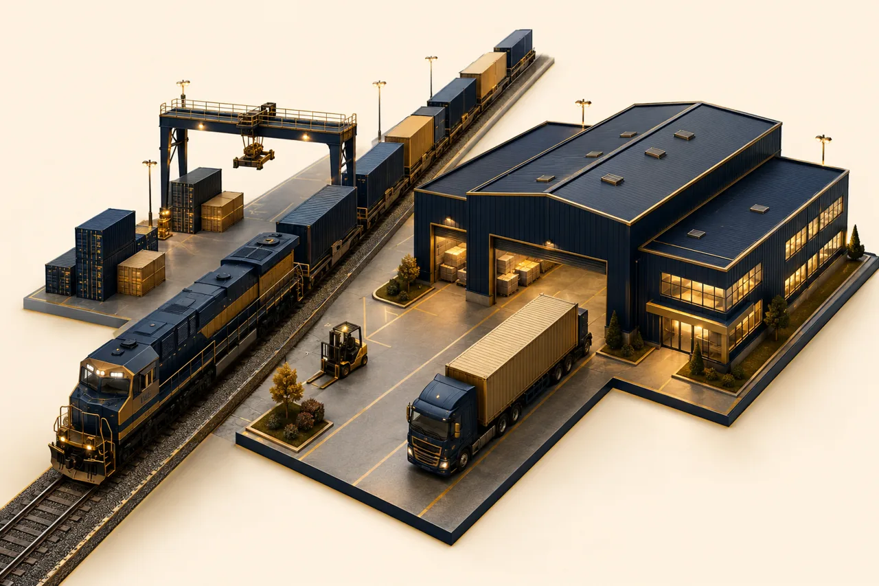 Illustrative intermodal hub with freight train and cargo truck