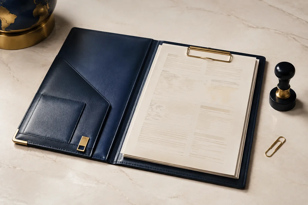 Illustrative shipping document wallet and stamp