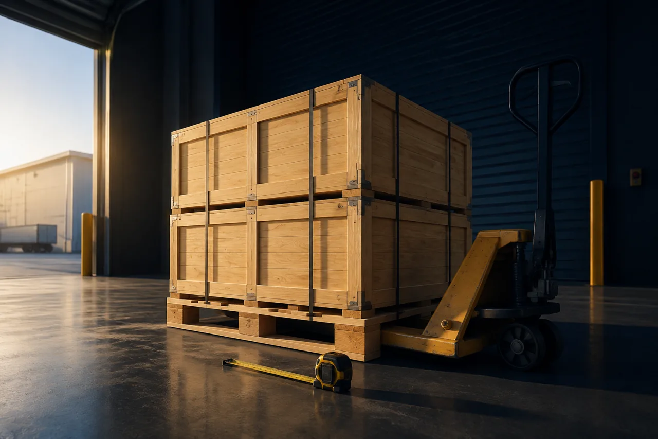 Illustrative packed crates in a warehouse loading bay
