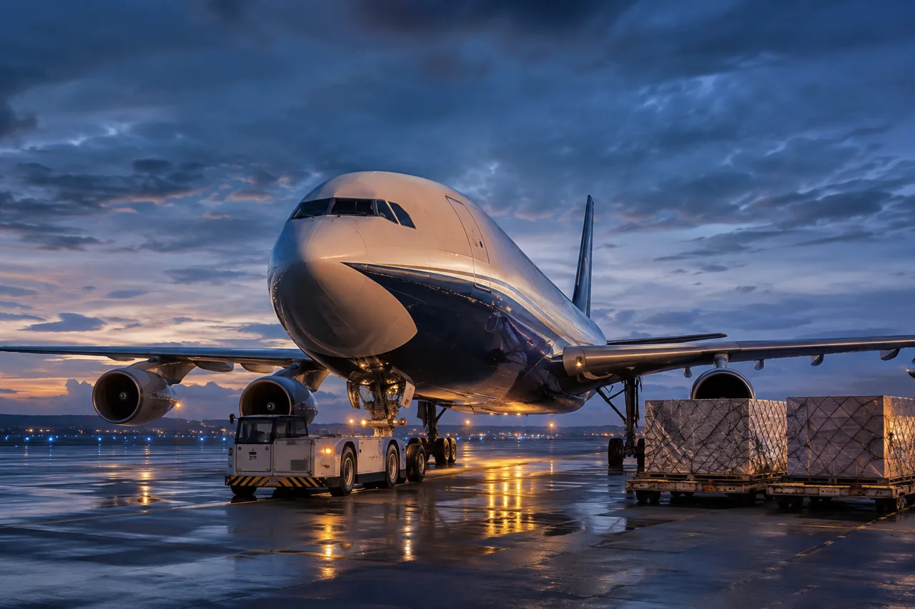 Illustrative cargo aircraft and ground freight equipment