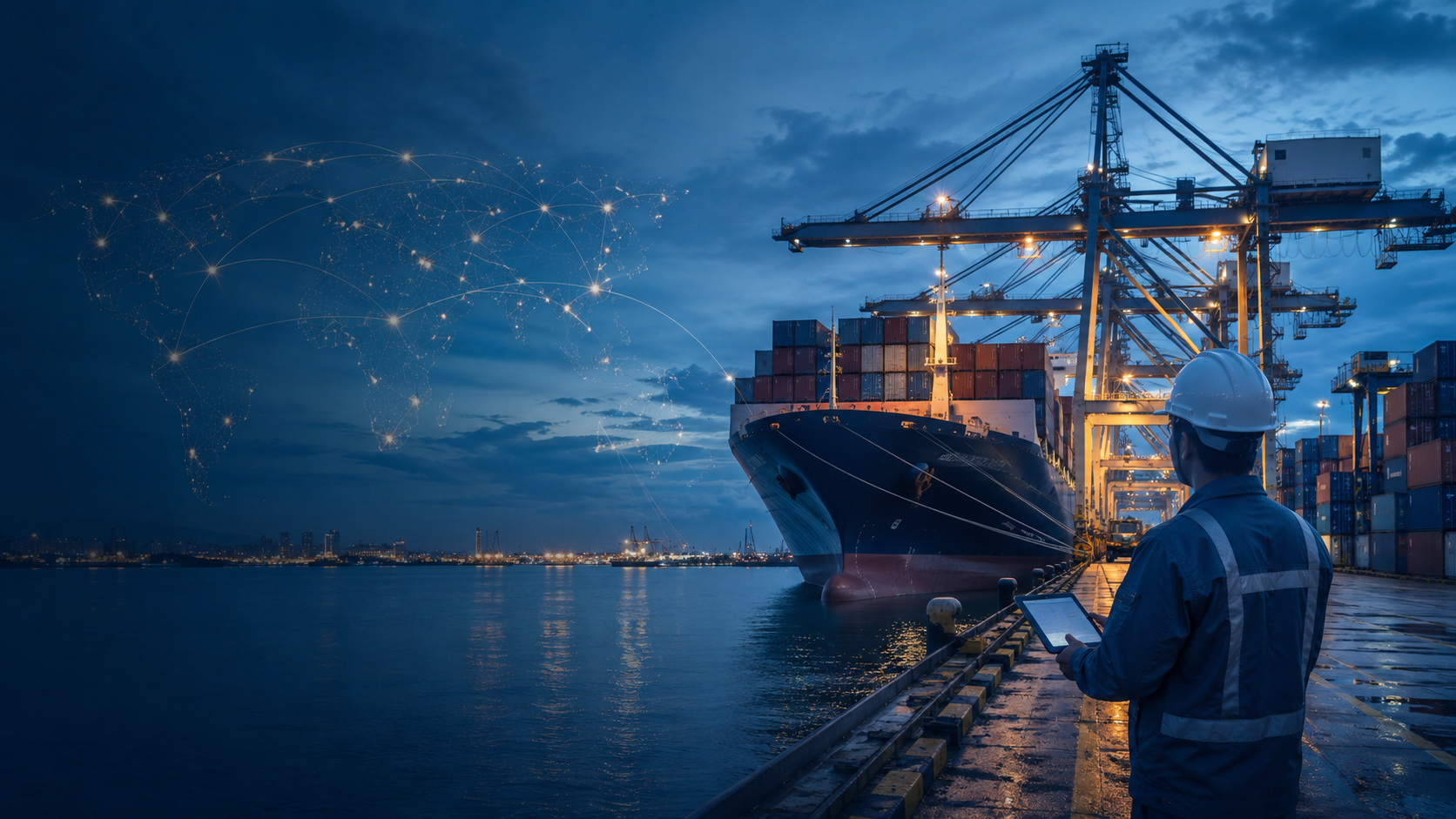 Illustrative container port and cargo ship representing global trade
